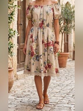 Elena Baldi Linen Floral Peasant Dress Cottagecore Lace Hem Size S